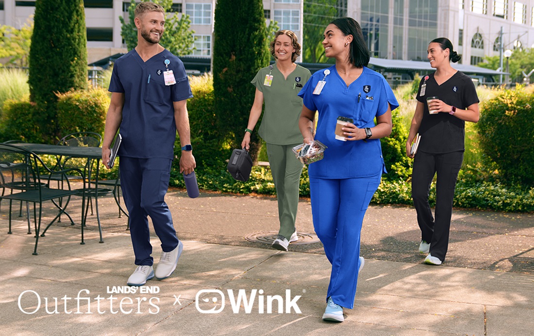 Group of people walking in Wink Scrub outfits for Lands' End contest
